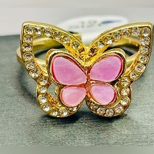 Gold Tone Rhinestone Enamel Pink Butterfly Ring
